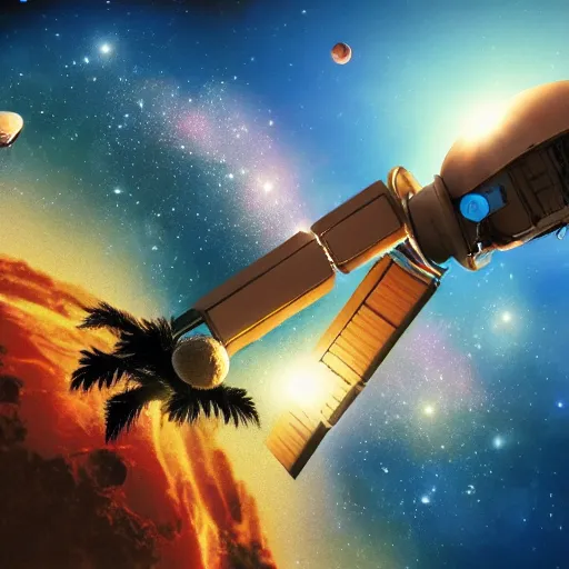 Prompt: an artist's rendering of a brown coconut satellite in space, orchids flowers galaxy, a digital rendering by carl eugen keel, john berkey, featured on cg society, space art, redshift, cinematic, octane render, back light, anamorphic lens flare, colorful, epic reimagined by industrial light and magic