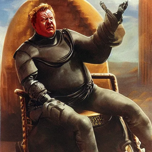 Image similar to ray winstone as baron harkonnen sitting on throne in dystopian science fiction hall in 1982 movie dune, by boris vallejo