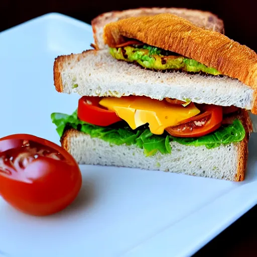 Image similar to sandwich with fried tofu, also tomato, onion, avocado and cheddar, over a dish and over a table, sunset background with saturn in the sky, studio photo, amazing light