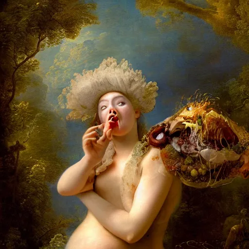 Prompt: wonderful world of carnivorous plant eating a woman, the woman has a beautiful face. photographed in high resolution, 8k, by fragonard