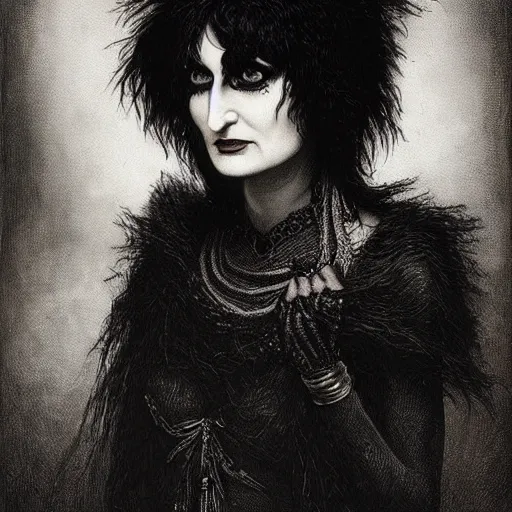 Image similar to siouxsie sioux, creepy atmosphere, dark, portrait, realistic, very realistic, illustration by Gustave Doré