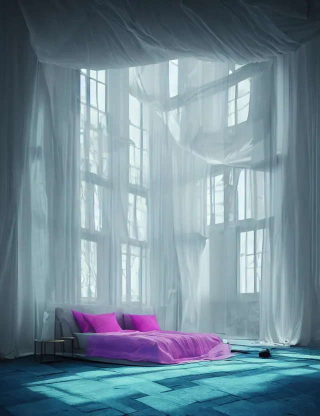 Image similar to dreamlike photo of floating bed in a giant room with bright windows opening to other dimensions bright color by andrzej sykut by lee madgewick, photorealistic, folded geometry, octane render, recursive, high contrast, pretty color, multiverse!!!!!!, labyrinthine, optical illusion, impossible angles