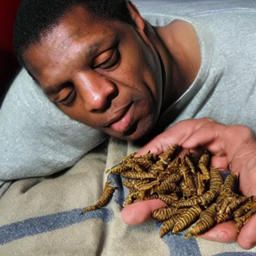 Image similar to john coltrane snuggling a giant mealworm