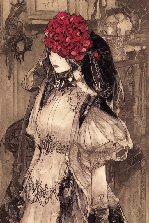 Image similar to victorian widow by akihiko yoshida, feng zhu