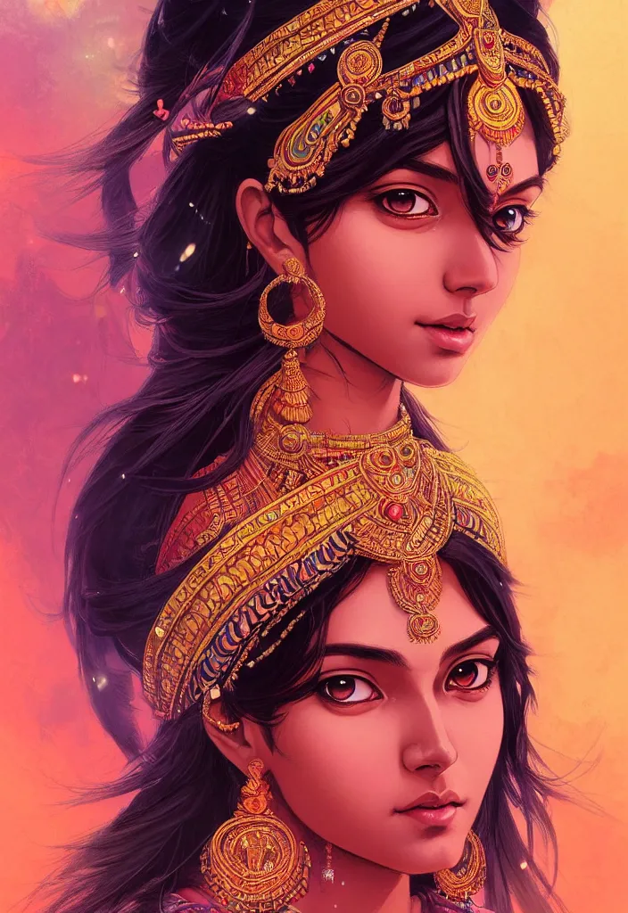 Image similar to a comic portrait of an indian goddess, realistic shaded perfect face, fine details. cosmic setting. anime style. realistic shaded lighting poster by ilya kuvshinov katsuhiro, magali villeneuve, artgerm, jeremy lipkin and michael garmash, rob rey and kentaro miura style, trending on art station