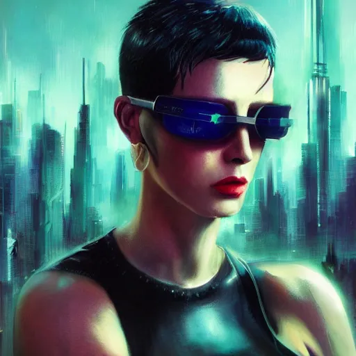 Prompt: molly millions, closeup portrait of a muscular beautiful cyberpunk assassin, mercenary, sunglasses, shag haircut, megacity background, gorgeous view, film noir, promotional art, neuromancer, ghost in the shell, blade runner, dystopia, depth, painted by seb mckinnon, painted by greg rutkowski, digital art, trending on artstation