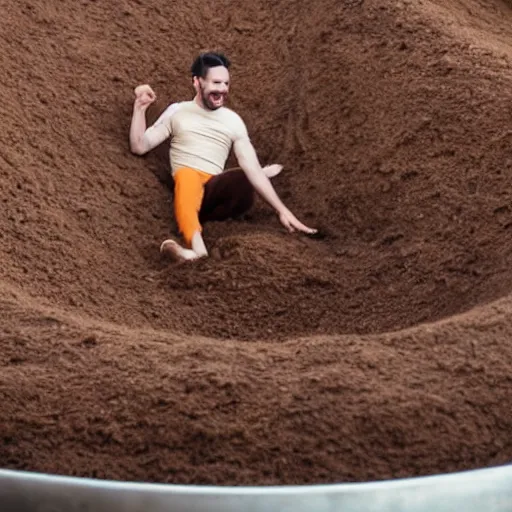 Prompt: a man sliding through brown pudding