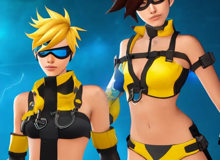 Image similar to tracer game character, in yellow bikini, blonde hair, black eyes, full height