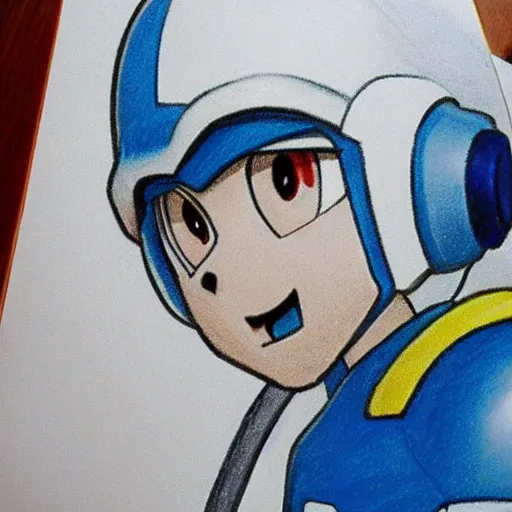 Image similar to Megaman as a 1980s realistic drawing