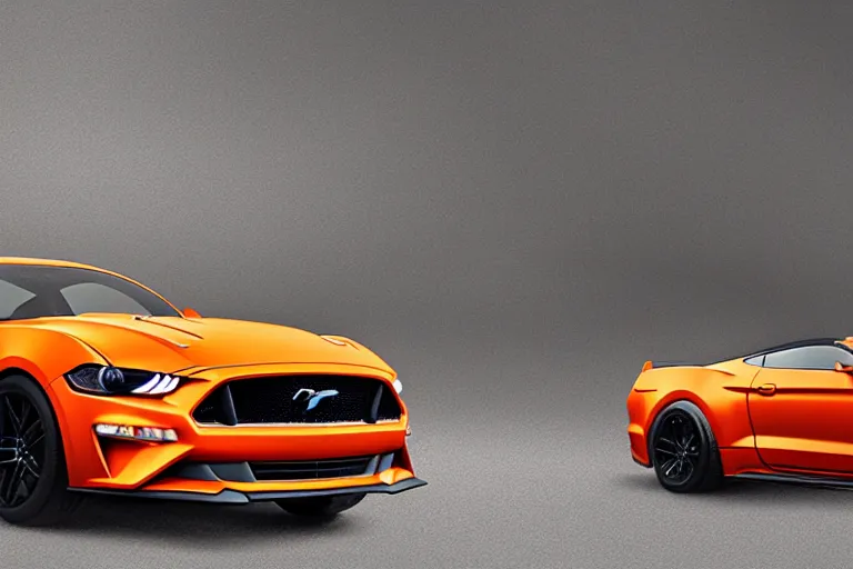 Image similar to a photo hyperrealistic flying bright orange Ford Mustang spaceship