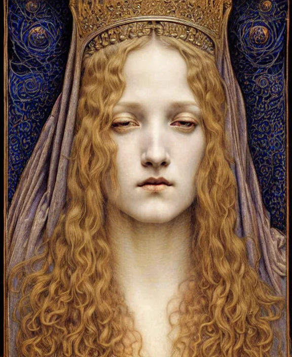 Image similar to detailed realistic beautiful young medieval queen face portrait by jean delville, gustave dore and marco mazzoni, art nouveau, symbolist, visionary, gothic, pre - raphaelite. horizontal symmetry