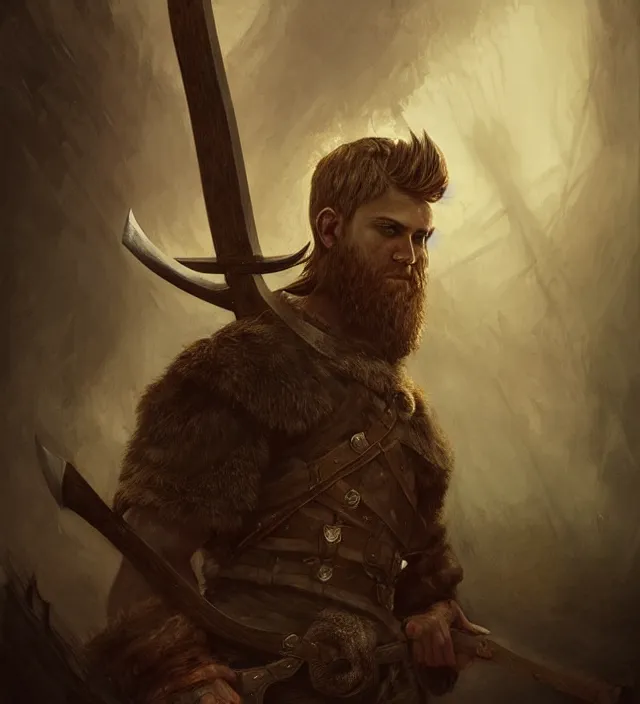 Prompt: a symmetrical matte portrait of a young viking boy with a huge axe, cinematic atmospheric lighting, dark, atmospheric, brooding, painted, intricate, ultra - detailed by dave dorman, vibrant colors by anato finnstark. well composed, best on artstation, cgsociety, epic, stunning, gorgeous, intricate details, wow, masterpiece