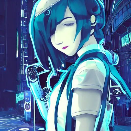 Image similar to Frequency indie album cover, luxury advertisement, white, indigo and teal colors. highly detailed post-cyberpunk sci-fi close-up schoolgirl in asian city in style of cytus and deemo, mysterious vibes, by Ilya Kuvshinov, by Greg Tocchini, nier:automata, set in half-life 2, beautiful with eerie vibes, very inspirational, very stylish, with gradients, surrealistic, postapocalyptic vibes, depth of filed, mist, rich cinematic atmosphere, perfect digital art, mystical journey in strange world, bastion game, arthouse