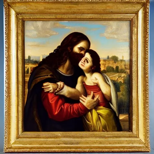 Image similar to an oil panting of a jesus kissing maria maddalena