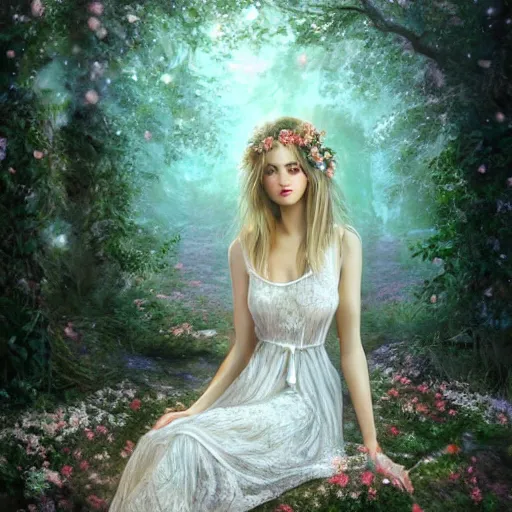 Prompt: a picture of a beautiful woman in a white lace dress and covered in flowers and leaves sitting overlooking an enchanted forest, high fantasy, elegant, epic, detailed, intricate, digital painting, concept art, realistic detailed face, smooth, focus, volumetric light through the trees,