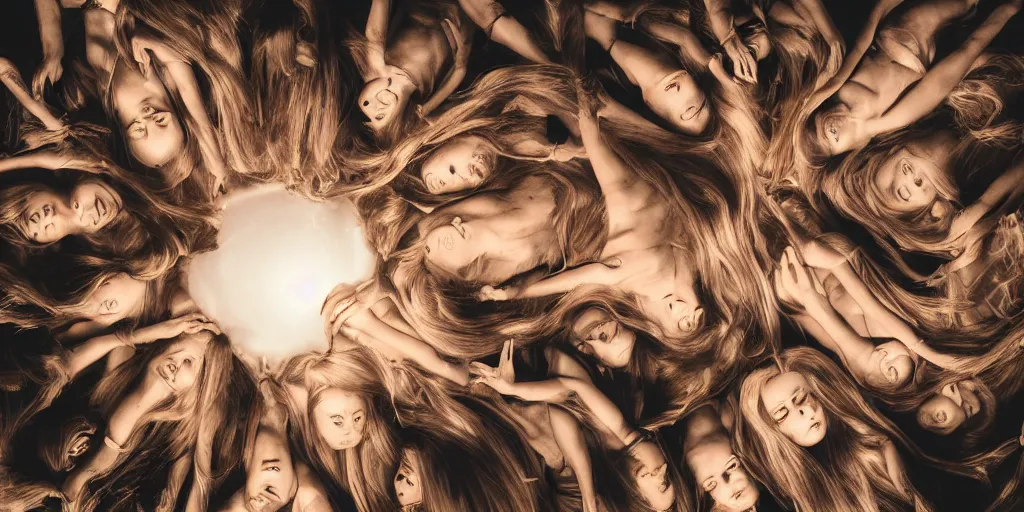 Prompt: love, groups of translucent people with long glowing hair, from above, rebirth, wide angle, cinematic atmosphere, elaborate, highly detailed, dramatic lighting