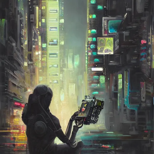 Image similar to a very beautiful and very detailed painting of a robot artist painting on a canvas, cyberpunk digital art, dystopian style