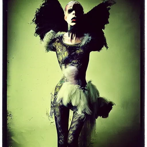 Image similar to damaged kodak portra 4 0 0, wetplate, photo of a surreal artsy dream scene,, very beautiful model, weird fashion, grotesque, extravagant dress, strange pose, carneval, with an animal, wtf, photographed by paolo roversi style