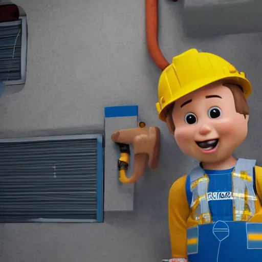 Image similar to bob the builder as a real life human person shot from cinematic, hyper detailed, ultra realistic 4k trending on artstation