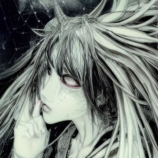 Prompt: Yoshitaka Amano blurred and dreamy illustration of an anime girl with black eyes, wavy white hair and cracks on her face wearing elden ring armour with the cape fluttering in the wind, abstract black and white patterns on the background, noisy film grain effect, highly detailed, Renaissance oil painting, weird portrait angle, three quarter view, head tilted to the side, 1990s jrpg cover