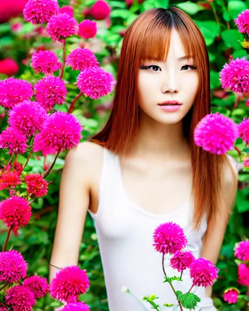 Image similar to an stunning beautiful chinese girl is surrounded by colourful flowers and plants, symmetric face and eyes, upper body face shot, long straight blonde hair, visible face 5 0 mm f 2. 2