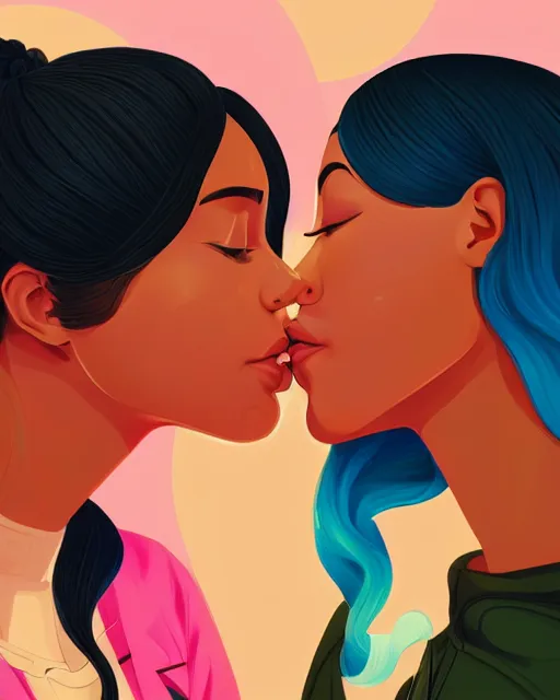 Prompt: beautiful colorful portrait of two young women kissing, 2 8 4, romantic, highly detailed, smooth, mixed race, stylized, medium shot, vector line art, clean cel shaded vector art, by lois van baarle, ross tron, artgerm, helen huang, makoto shinkai, ilya kuvshinov, rossdraws