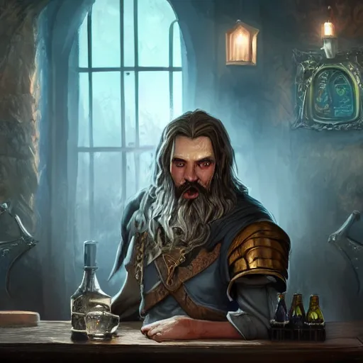 Image similar to barkeep tavern man ultra detailed fantasy, elden ring, realistic, dnd character portrait, full body, dnd, rpg, lotr game design fanart by concept art, behance hd, artstation, deviantart, global illumination radiating a glowing aura global illumination ray tracing hdr render in unreal engine 5