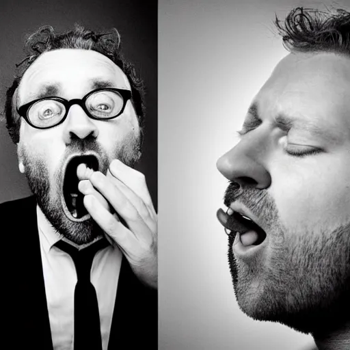 Prompt: a black and white photo of a man with his mouth open, a stock photo by john e. berninger, featured on dribble, cynical realism, criterion collection, stock photo, wimmelbilder