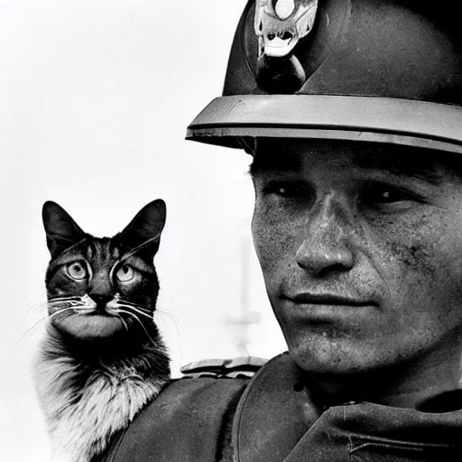 Image similar to an american soldier as a cat in military gear, vietnam, 1 9 7 0 restored photograph