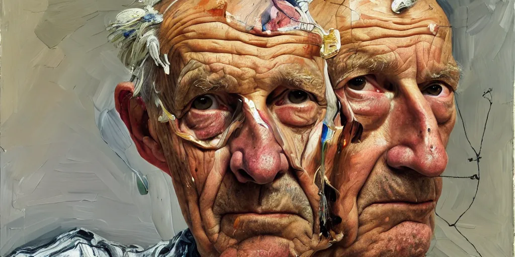 Image similar to a head and shoulders portrait a very ordinary old man with an sad expression, side angle, by Lucian Freud and Jenny Saville and Anselm Kiefer, oil painting, rust, Scaffolding, sunflowers, anatomically correct, beautiful perfect face, visible brushstrokes, sharp focus, Highly Detailed, Cinematic Lighting, 8k, HD