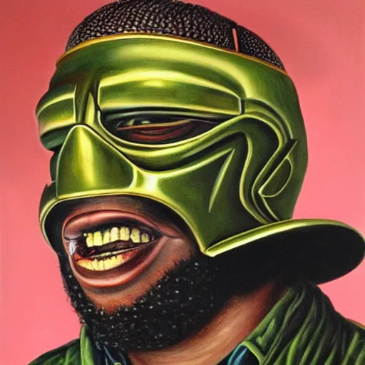 Image similar to beautiful lifelike painting of mf doom showcases his prized collection of rhymes like dimes, hyperreal detailed facial features and uv lighting, art by ed roth and basil wolverton