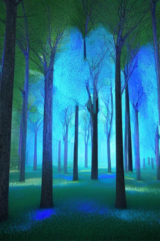 Prompt: digital render of a forest of blue trees that glow softly from the inside at night HD 3d vr artstation