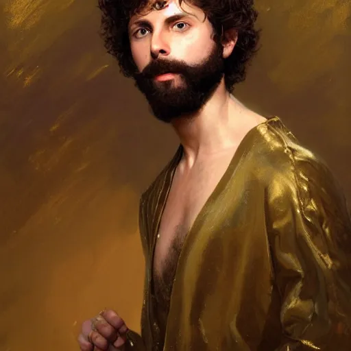 Prompt: detailed realistic cinematic wide shot of beautiful attractive muscular michael cera black beard pose with gold chain wearing blue suit gold robe slim face symettrical face clean skin black eyes black robe smooth, sharp focus, ultra realistic, spring light, painting by gaston bussiere, craig mullins, j. c. leyendecker