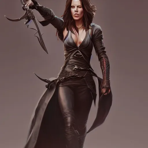 Image similar to kate beckinsdale as a swordswoman, by li didivi, by yun ling, by shal. e, grim expression, unreal engine, octane rendering, 8 k, closeup, full body, smooth, trending on artstation, digital illustration, grey hair