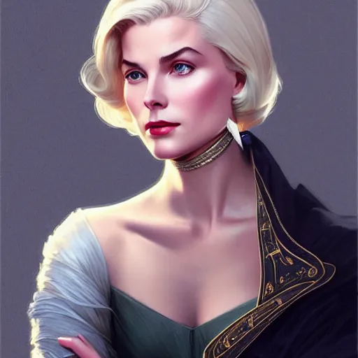 Prompt: Grace Kelly with platinum blonde hair as 2B, western, D&D, fantasy, intricate, elegant, highly detailed, digital painting, artstation, concept art, matte, sharp focus, illustration, art by Artgerm and Greg Rutkowski and Alphonse Mucha