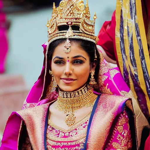 Image similar to An Indian Princess on the day of her coronation wearing elegant traditional Indian clothing, intricate, detailed, award winning,