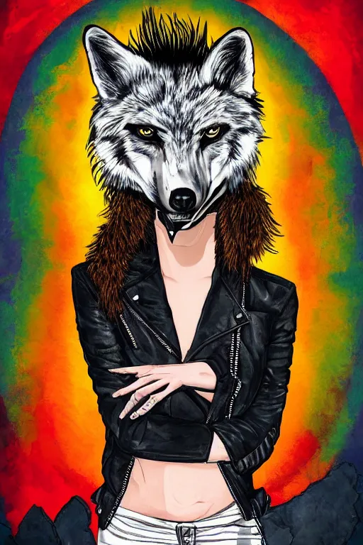 Image similar to portrait of a punk girl wearing a leather jacket with a wolf's head over her face, artwork by boneface