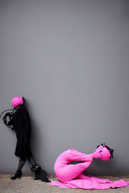 Image similar to a surreal portrait of intertwined and contorted figures wearing gas mask next to a pink wall in the style of brooke didonato, editorial fashion photography from vogue magazine, full shot, nikon d 8 1 0, ƒ / 2. 5, focal length : 8 5. 0 mm, exposure time : 1 / 8 0 0, iso : 2 0 0