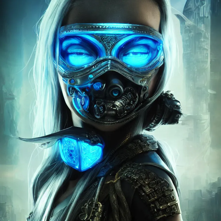 Image similar to beautiful cinematic poster, a cyberpunk female wearing an armored mask and ornate silver pirate hat, brilliant blue flowing hair, beautiful glowing eyes, wideshot ultrawide angle epic scale, hybrid from the elden ring and art direction by darius zawadzki, wayne reynolds artstation ; cinematic quality character render ; low angle ; ultra high quality model, quality cinema model