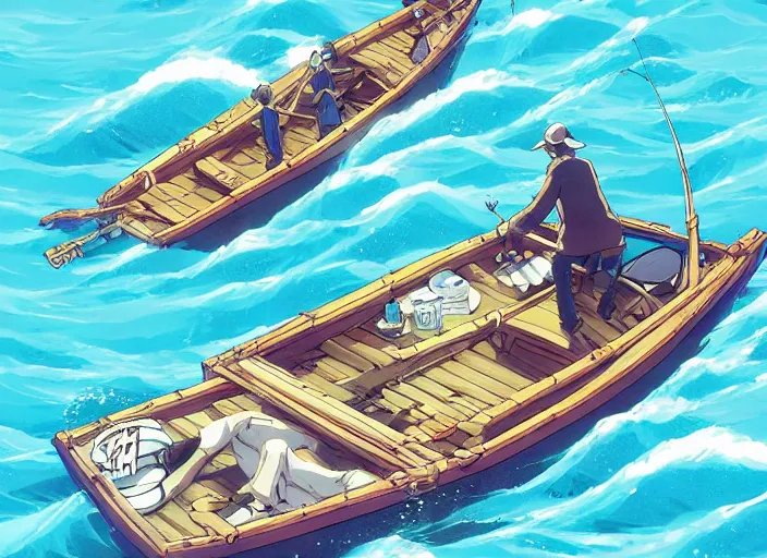 Prompt: anime three - point perspective illustration of a man fishing on a row boat in the middle of the ocean, by kim jung gi, paul heaston, makoto shinkai, simon stalenhag, greg rutkowski, hayao miyazaki, by studio ghibli. digital art, panaromic view, wide angle shot, trending on art station, cinematic, fish eye