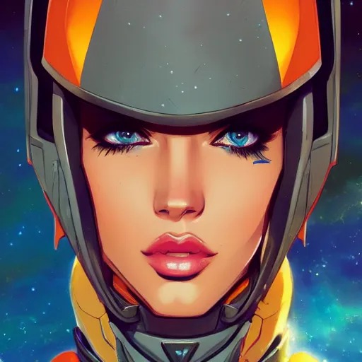 Image similar to portrait of beautiful megan fox gundam pilot, with an intricate, detailed, urban inspired hiphop afro futuristic helmet, vector behance hd jesper ejsing, rhads, makoto shinkai, lois van baarle, ilya kuvshinov, rossdraws, hd, 3 2 k, ilya kuvshinov, gustav klimt