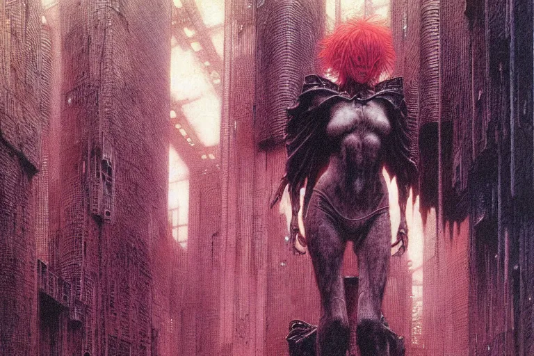 Prompt: cute redhead girl with short hairs in cybercity by luis royo and wayne barlowe, beksinski