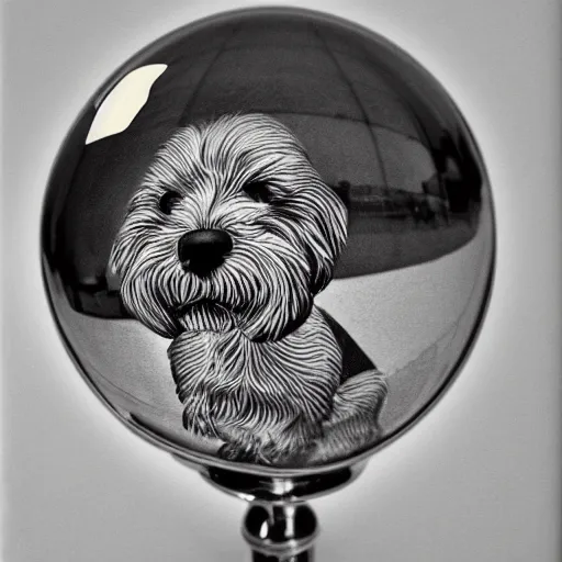 Prompt: self portrait of a havanese dog reflecting into a chrome sphere held by a dog's paw, pen on paper, by mc escher