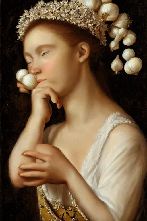 Image similar to beautiful garlic princess portrait, baroque painting, young woman made of garlic, dainty, elegant, garlic clove head