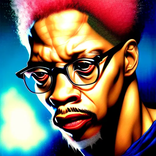 Image similar to uhd photorealistic portrait of albino malcom x, by amano, ayami kojima, greg rutkowski, lisa frank, mark brooks, and karol bak, masterpiece, cinematic composition, dramatic pose, studio lighting, correct face, hyperdetailed, intricate details