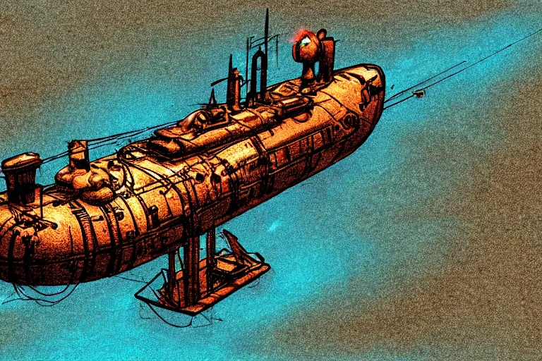 Image similar to steampunk submarine!, in the style of john avon and derek riggs and eva widermann, trending on artstation, halfrear lighting closeup view anaglyph filter, bokeh, anime, colored pencil art, jean henri gaston giraud