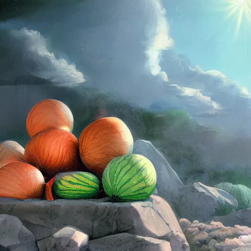 Image similar to melons conquer earth, salman toor, atmospheric effect, cinematic light