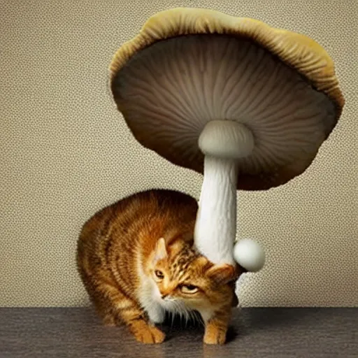 Image similar to a small domestic house cat with a mushroom growing atop its head