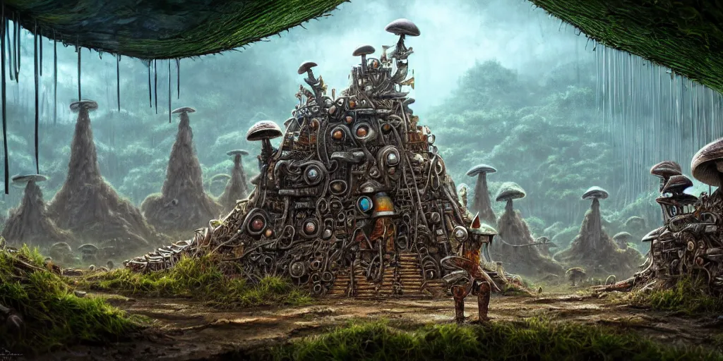 Image similar to a chrome bot with conical drills, in a jungle village of mushroom dwellings, matte oil painting, badlands, retrofuturistic, science fantasy, salt dunes, rusted, mutant, lgbt, queer, rpg, epic, dungeons & dragons, sacred, sharp focus, award - winning, extremely detailed, 4 k, 8 k