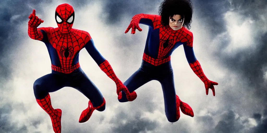 Image similar to Michael Jackson Bad 1980s wears a Spider-Man costume without a mask, Sony, michael jackson movie poster, MCU, Marvel, ultra realistic, 4K, movie still, UHD, sharp, detailed, cinematic, render, modern